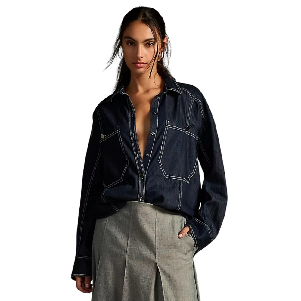 Anthropologie Pilcro Top Medium Oversized Denim Contrast Stitch Utility Shirt